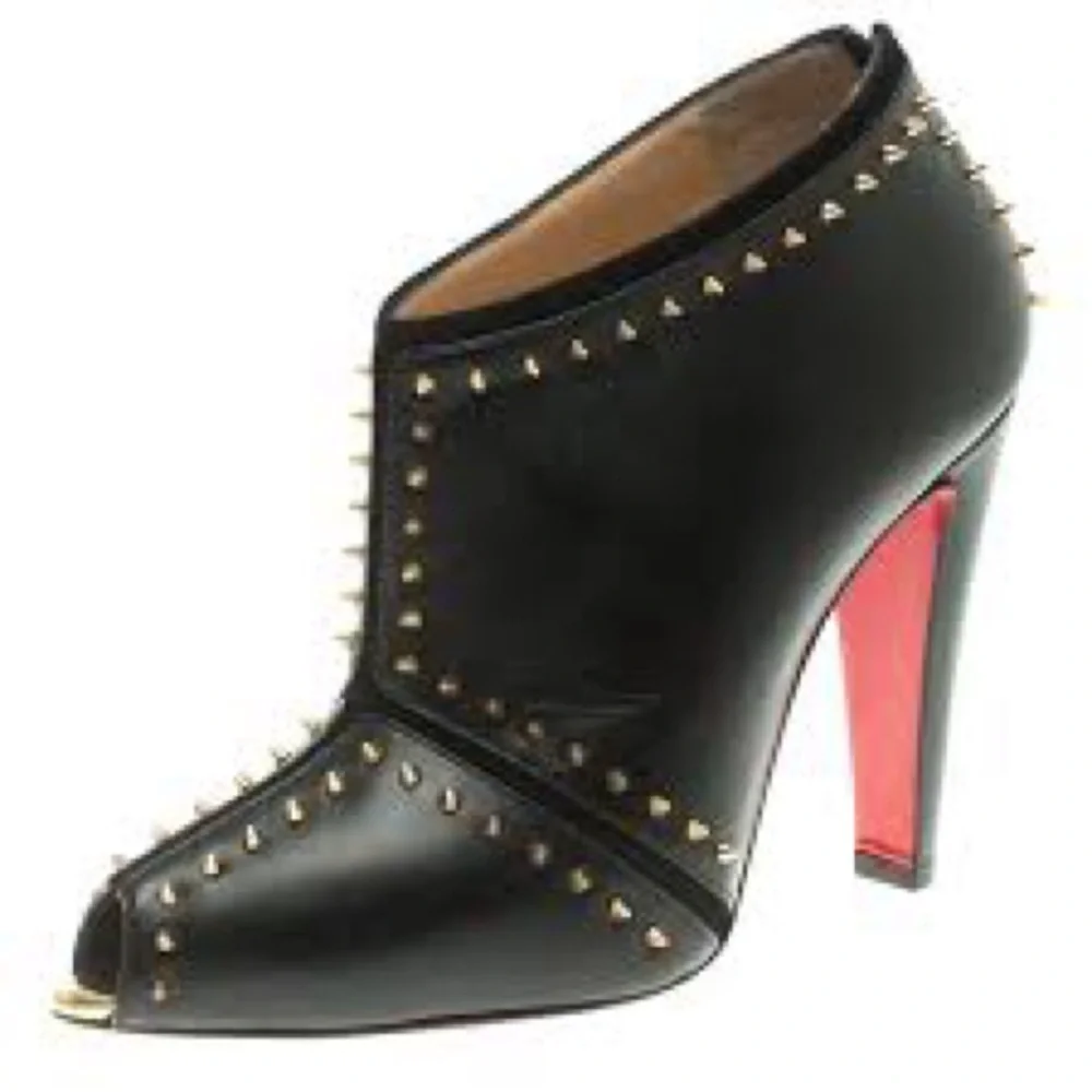 Christian Louboutin Black Leather Studded Peep-Toe Heels with Red Sole - Picture 2 of 10